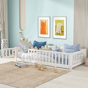 tatub twin size floor bed with safety guardrails, door and slats, montessori floor bed frame, wood montessori floor bed for kids, girls and boys, twin-white