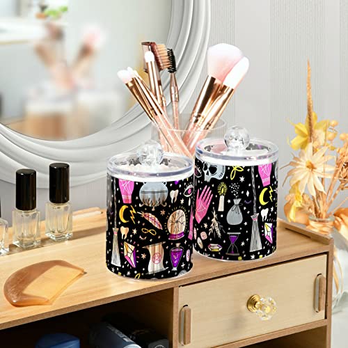 Kigai Cotton Swabs Organizer Magic Witch Halloween Skull Qtip Holder Dispenser with Lid Apothecary Jar Set 2PCS Reusable Clear Plastic Cans for Dry Food