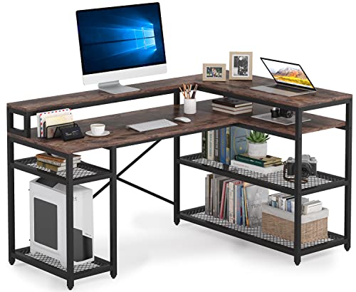 LITTLE TREE L-Shape Computer Desk with Shelves for Home Office,Brown