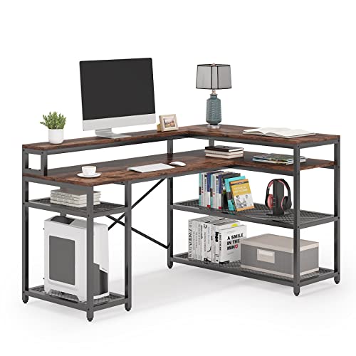 LITTLE TREE L-Shape Computer Desk with Shelves for Home Office,Brown