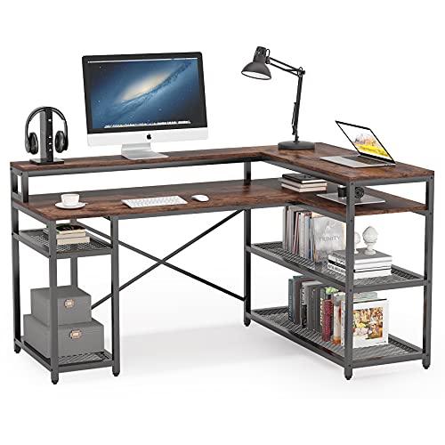 LITTLE TREE L-Shape Computer Desk with Shelves for Home Office,Brown