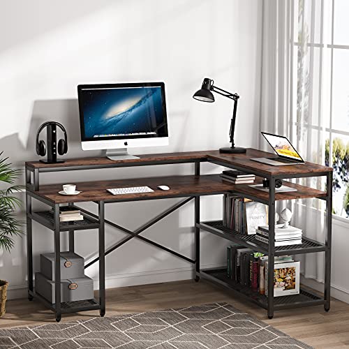 LITTLE TREE L-Shape Computer Desk with Shelves for Home Office,Brown