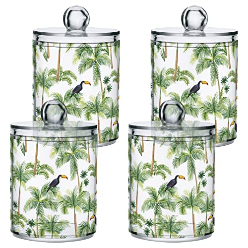 Kigai Cotton Swabs Organizer Tropical Plants Palm Qtip Holder Dispenser with Lid Apothecary Jar Set 2PCS Reusable Clear Plastic Cans for Dry Food
