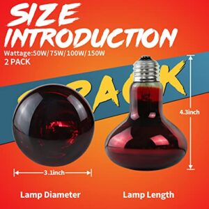 LUCKY HERP 2 Pack 100W Reptile Heat Lamp Bulb, Amphibian Infrared Basking Spot Light Bulb for Turtle, Bearded Dragon, Lizard, etc