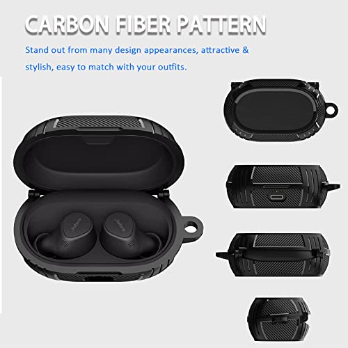 Miimall Compatible for Jabra Elite 7 Pro & Elite 7 Active Case Cover, [Carbon Fibre Pattern][Anti-Lost Keychain] Silicone Protective Case for Jabra Elite 7/7 Pro Case (Black)