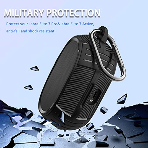 Miimall Compatible for Jabra Elite 7 Pro & Elite 7 Active Case Cover, [Carbon Fibre Pattern][Anti-Lost Keychain] Silicone Protective Case for Jabra Elite 7/7 Pro Case (Black)