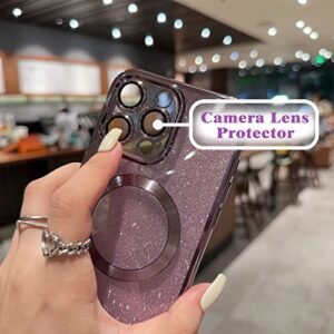 aowner Magnetic Case for iPhone 13 Pro Glitter Case, Luxury Plating Cute Bling with Camera Lens Protector, Compatible with MagSafe, Slim Thin for Women Girls Protective Clear Phone Case, Purple