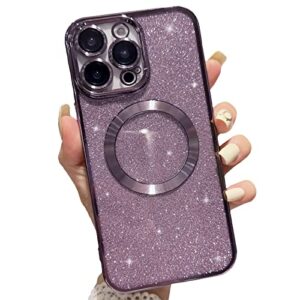 aowner magnetic case for iphone 13 pro glitter case, luxury plating cute bling with camera lens protector, compatible with magsafe, slim thin for women girls protective clear phone case, purple