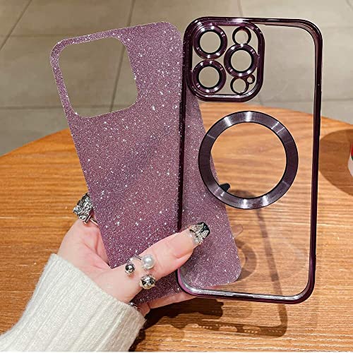 aowner Magnetic Case for iPhone 13 Pro Glitter Case, Luxury Plating Cute Bling with Camera Lens Protector, Compatible with MagSafe, Slim Thin for Women Girls Protective Clear Phone Case, Purple