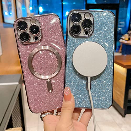 aowner Magnetic Case for iPhone 13 Pro Glitter Case, Luxury Plating Cute Bling with Camera Lens Protector, Compatible with MagSafe, Slim Thin for Women Girls Protective Clear Phone Case, Purple