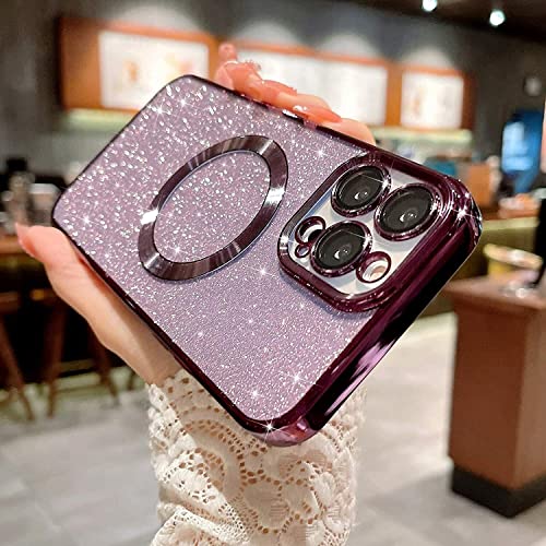 aowner Magnetic Case for iPhone 13 Pro Glitter Case, Luxury Plating Cute Bling with Camera Lens Protector, Compatible with MagSafe, Slim Thin for Women Girls Protective Clear Phone Case, Purple