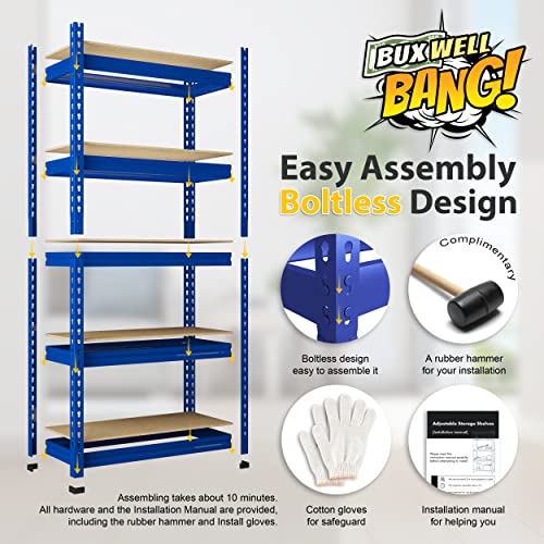 BuxWellBang 5-Shelf Heavy Duty Shelving - Adjustable Garage Storage Shelves, Metal Utility Storage Racks for Warehouse Pantry Basement Kitchen, Garage Organizers Shelf Unit, Blue