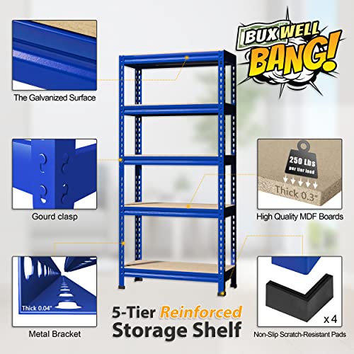 BuxWellBang 5-Shelf Heavy Duty Shelving - Adjustable Garage Storage Shelves, Metal Utility Storage Racks for Warehouse Pantry Basement Kitchen, Garage Organizers Shelf Unit, Blue