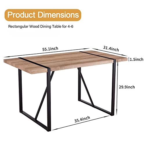 WIIS' IDEA 55.1" Dining Table for 4-6, Rectangular Kitchen Table with Rustic Engineered Wood Tabletop and Metal Legs for 6 Person, Wooden Top Dinner Table for Kitchen, Dining Room