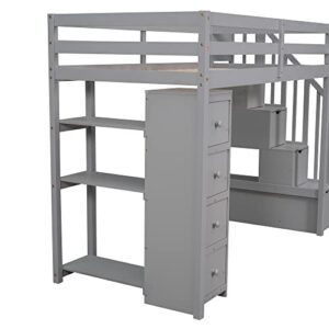 SOFTSEA Twin Loft Bed with Staricase and 4 Storage Drawers Solid Wood Loft Bed with Shelves