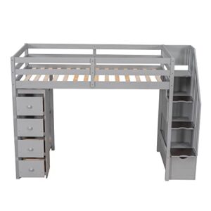 SOFTSEA Twin Loft Bed with Staricase and 4 Storage Drawers Solid Wood Loft Bed with Shelves