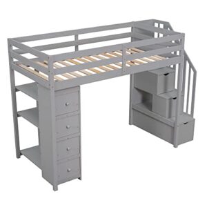 SOFTSEA Twin Loft Bed with Staricase and 4 Storage Drawers Solid Wood Loft Bed with Shelves