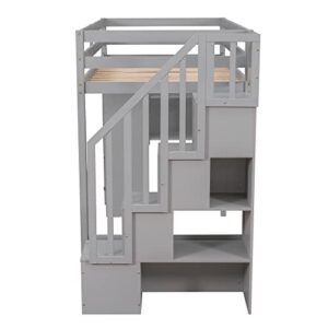 SOFTSEA Twin Loft Bed with Staricase and 4 Storage Drawers Solid Wood Loft Bed with Shelves