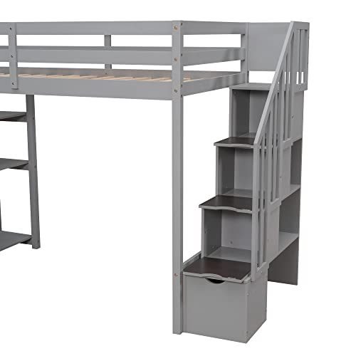 SOFTSEA Twin Loft Bed with Staricase and 4 Storage Drawers Solid Wood Loft Bed with Shelves