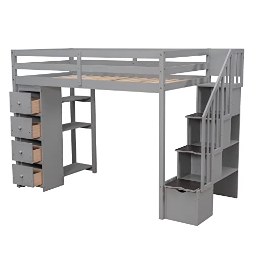 SOFTSEA Twin Loft Bed with Staricase and 4 Storage Drawers Solid Wood Loft Bed with Shelves