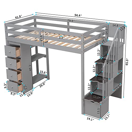 SOFTSEA Twin Loft Bed with Staricase and 4 Storage Drawers Solid Wood Loft Bed with Shelves