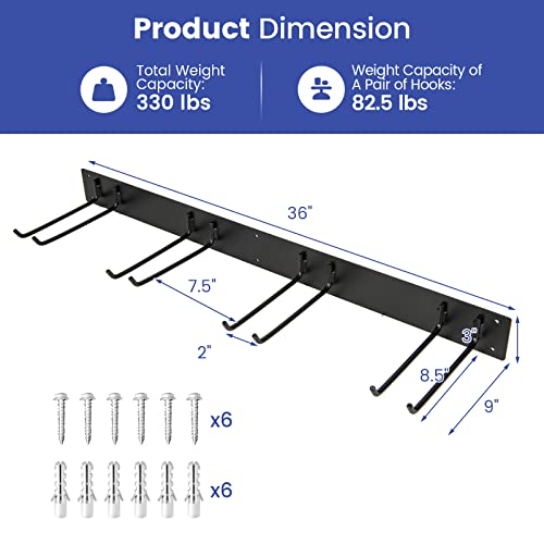 Safstar 36" Tool Storage Rack Clearance, Wall-mounted Garage Tool Organizer with 4 Double Hooks & Rustproof Finish, Heavy Duty Metal Tool Holder for Home Garden Garage Workshop, 328 lbs Load Capacity