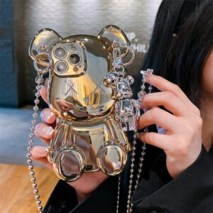 Cute Case Compatible with iPhone 13 Pro Max 6.7'', 3D Cartoon case Teddy Bear Sparkle Bling Cover with Metal Chain Strap Bell Pendant, Plating Soft TPU Shockproof Protective for Women & Girls (Gold)