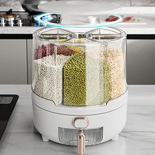 Rice Dispenser, Rotating Dry Food Dispenser PP Plastic Kitchen Grain Storage Container with 6 Compartments Holder for Rice and Beans (White)