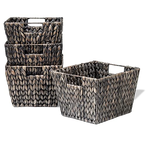 11.5" Hyacinth Storage Basket with Handles, Rectangular, by Trademark Innovations (Set of 4, Taupe)