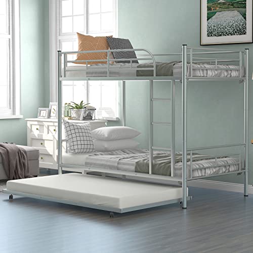 Lostcat Twin Over Twin Bunk Bed with Trundle,Heavy Duty Twin Size Bunk Beds Frame with Safety Guardrails and ladders,Can be Divided Into Two Beds,for Kids/Teen/Adults,No Box Spring Needed,Silver