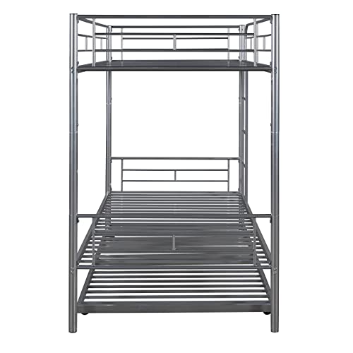 Lostcat Twin Over Twin Bunk Bed with Trundle,Heavy Duty Twin Size Bunk Beds Frame with Safety Guardrails and ladders,Can be Divided Into Two Beds,for Kids/Teen/Adults,No Box Spring Needed,Silver