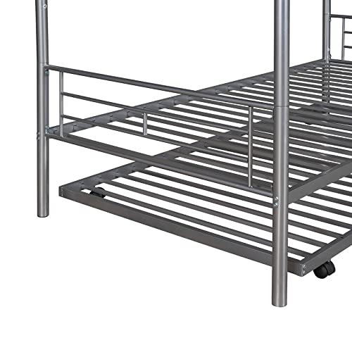 Lostcat Twin Over Twin Bunk Bed with Trundle,Heavy Duty Twin Size Bunk Beds Frame with Safety Guardrails and ladders,Can be Divided Into Two Beds,for Kids/Teen/Adults,No Box Spring Needed,Silver