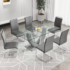 jufu 67" glass dining room table set for 6,big modern rectangular tempered glass dining table top thick 0.39",7 piece dining table with 6 pcs leather dining chairs