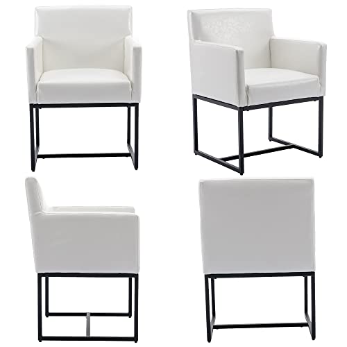 VESCASA Faux Leather Upholstered Dining Chairs with Arms, Mid Century Modern Padded Kitchen Chair with Black Metal Frame for Restaurant, Dining Room, Set of 6, White