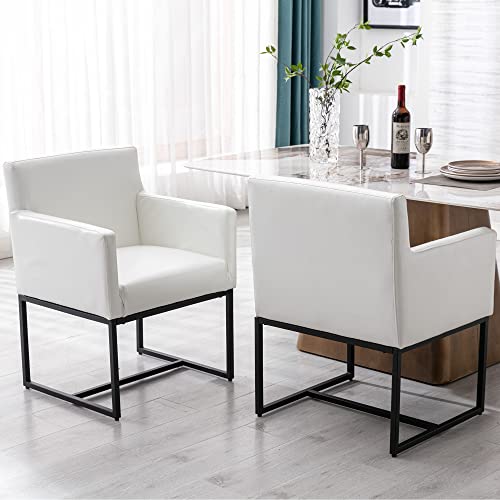 VESCASA Faux Leather Upholstered Dining Chairs with Arms, Mid Century Modern Padded Kitchen Chair with Black Metal Frame for Restaurant, Dining Room, Set of 6, White