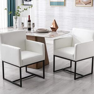 VESCASA Faux Leather Upholstered Dining Chairs with Arms, Mid Century Modern Padded Kitchen Chair with Black Metal Frame for Restaurant, Dining Room, Set of 6, White