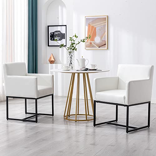 VESCASA Faux Leather Upholstered Dining Chairs with Arms, Mid Century Modern Padded Kitchen Chair with Black Metal Frame for Restaurant, Dining Room, Set of 6, White