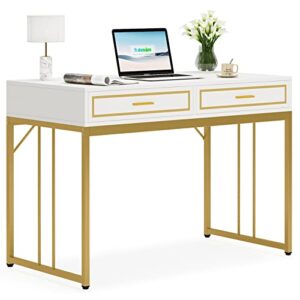 little tree 47’’ computer desk with 2 drawers, white gold writing desk make up vanity table