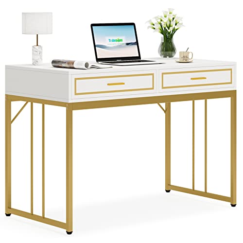 LITTLE TREE 47’’ Computer Desk with 2 Drawers, White Gold Writing Desk Make Up Vanity Table