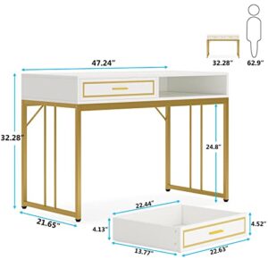 LITTLE TREE 47’’ Computer Desk with 2 Drawers, White Gold Writing Desk Make Up Vanity Table