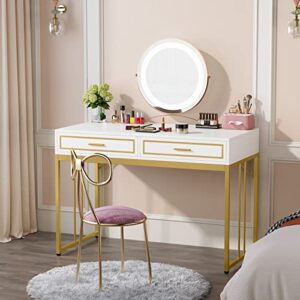 LITTLE TREE 47’’ Computer Desk with 2 Drawers, White Gold Writing Desk Make Up Vanity Table