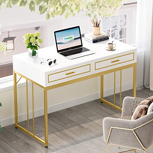 LITTLE TREE 47’’ Computer Desk with 2 Drawers, White Gold Writing Desk Make Up Vanity Table