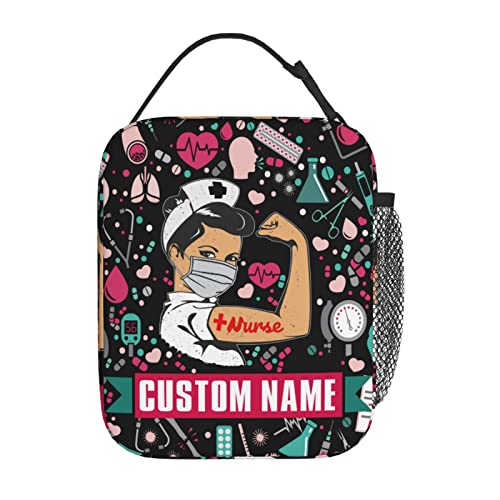 VSOFMY Custom Nurse Lunch Bag Heat Insulated Lunch Box Personalized Tote Bag with Name Text, Large Capacity Leakproof Portable Reusable Handbag for Women Work Picnic Camping