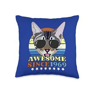 born in 1969 vintage for 54 year olds 54th birthday gift funny cat vintage awesome since 1969 throw pillow, 16x16, multicolor