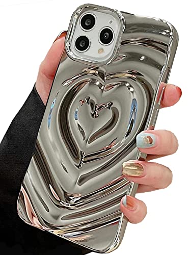 iPhone 14 Pro Max Love Heart Case, Fashion Cute Soft Silicone Electroplate Silver 3D Heart Water Ripple Bling Glitter Shockproof Women Girls Case Cover for iPhone 14 Pro Max