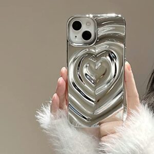 iPhone 14 Pro Max Love Heart Case, Fashion Cute Soft Silicone Electroplate Silver 3D Heart Water Ripple Bling Glitter Shockproof Women Girls Case Cover for iPhone 14 Pro Max