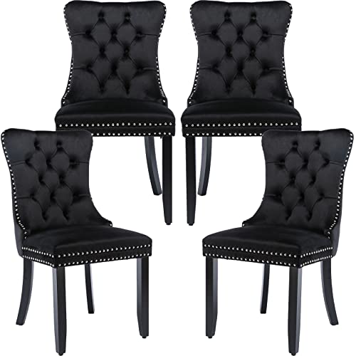 ODUSE-DAILY Black Velvet Dining Chairs Set of 4, Kitchen & Dining Room Chairs Set of 4, Tufted Dining Chairs, Velvet Upholstered Dining Chairs, Solid Wood Frame (Black, 4 Pcs)