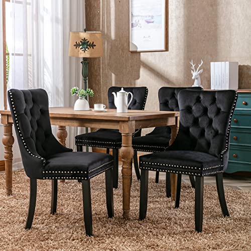 ODUSE-DAILY Black Velvet Dining Chairs Set of 4, Kitchen & Dining Room Chairs Set of 4, Tufted Dining Chairs, Velvet Upholstered Dining Chairs, Solid Wood Frame (Black, 4 Pcs)