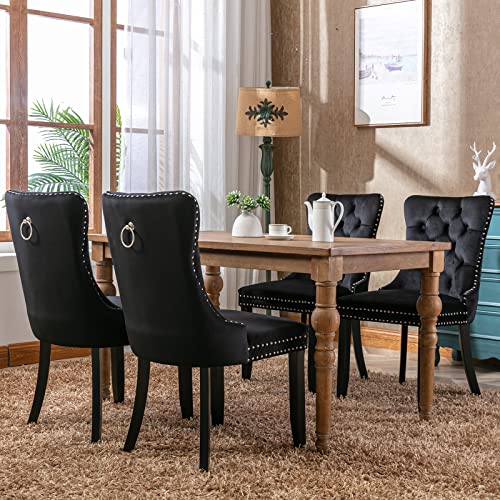 ODUSE-DAILY Black Velvet Dining Chairs Set of 4, Kitchen & Dining Room Chairs Set of 4, Tufted Dining Chairs, Velvet Upholstered Dining Chairs, Solid Wood Frame (Black, 4 Pcs)