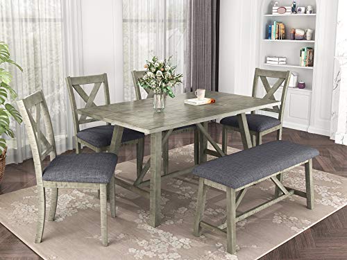 Woanke 6 Pieces Kitchen Dining, Breakfast Nook Set with Wood Table, Padded Bench and 4 Upholstered Chairs, Rustic Style, Gray